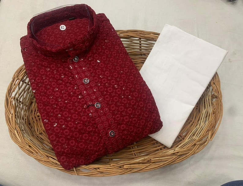 Indian Ethnic Men's Chikankari Work Kurta Pyjama Set