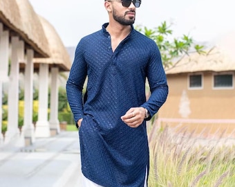 Blue Chikankari Work Ethnic Men's Kurta, Bollywood Style Kurta, Men Party Wear Kurta Pyjama, Traditional Festival Kurta Pyjama Set For Men