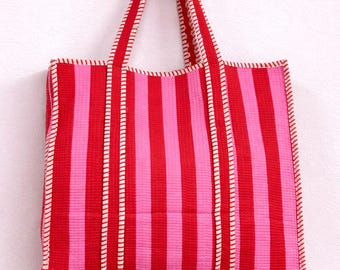 Handmade Quilted Cotton Tote Bag | Red & Pink Striped Tote | Reusable Shopping Bag | Lightweight Everyday Shoulder Bag | Eco Friendly Gift