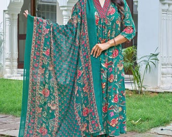 Women's Viscose Rayon Blue Floral Printed V-Neck Anarkali Kurta with Palazzos & With Dupatta Set For Women Gift for Mom Or Girlfriend