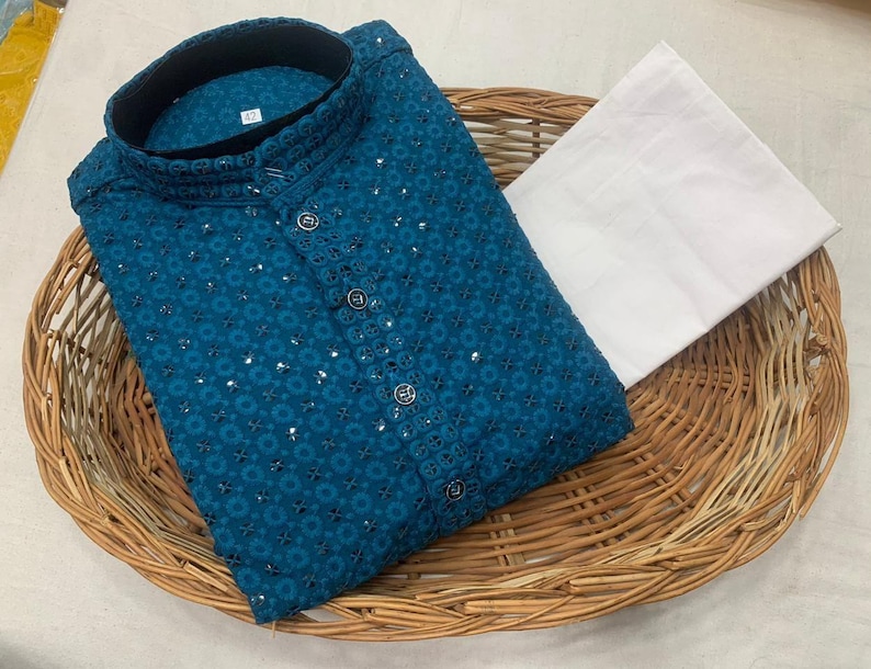 Indian Ethnic Men's Chikankari Work Kurta Pyjama Set