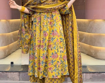 Women's Viscose Rayon Yellow Floral Printed V-Neck Anarkali Kurta with Palazzos & With Dupatta Set For Women Gift for Mom