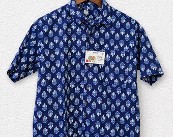 Men’s Blue Block Print Shirt | Hand Block Cotton Shirt | Indian Floral Print Shirt | Short Sleeve Summer Shirt | Casual Button Down for Men
