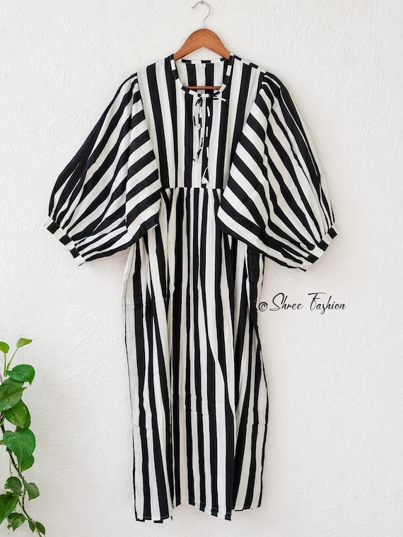 Black White Striped Midi Dress for Women | Puff Sleeve Cotton Dress | Casual Summer Dress | Boho Midi Dress