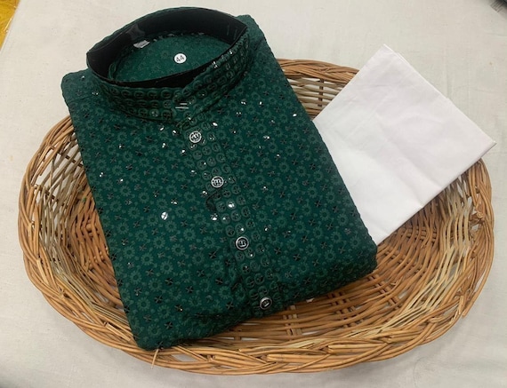 Men's Chikankari Kurta Pajama Set | Indian Traditional Sequin Work | Ethnic Festival Wear | Pakistani Style Kurta for Men