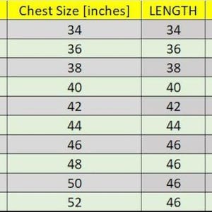 May include: A size chart displaying chest, length, and waist measurements in inches. Sizes range from XS to 6XL, with chest sizes from 34 to 52 inches. Length measurements vary, and waist sizes range from 35 to 53 inches.