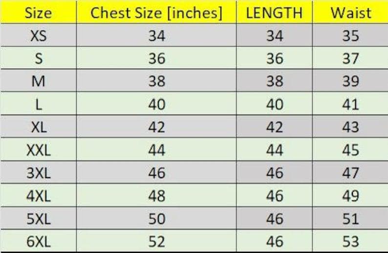 May include: A size chart displaying chest, length, and waist measurements in inches. Sizes range from XS to 6XL, with chest sizes from 34 to 52 inches. Length measurements vary, and waist sizes range from 35 to 53 inches.
