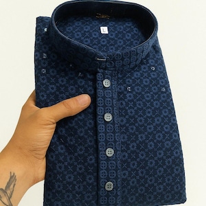 Indian Chikankari Mirror Work Kurta For Men Pakistani Ethnic Designer Festival Only Kurta For Men Blue