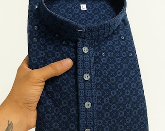 Indisk Chikankari-kurta med spegelmönster för män, pakistansk etnisk designer, kurta endast för män på festivalen