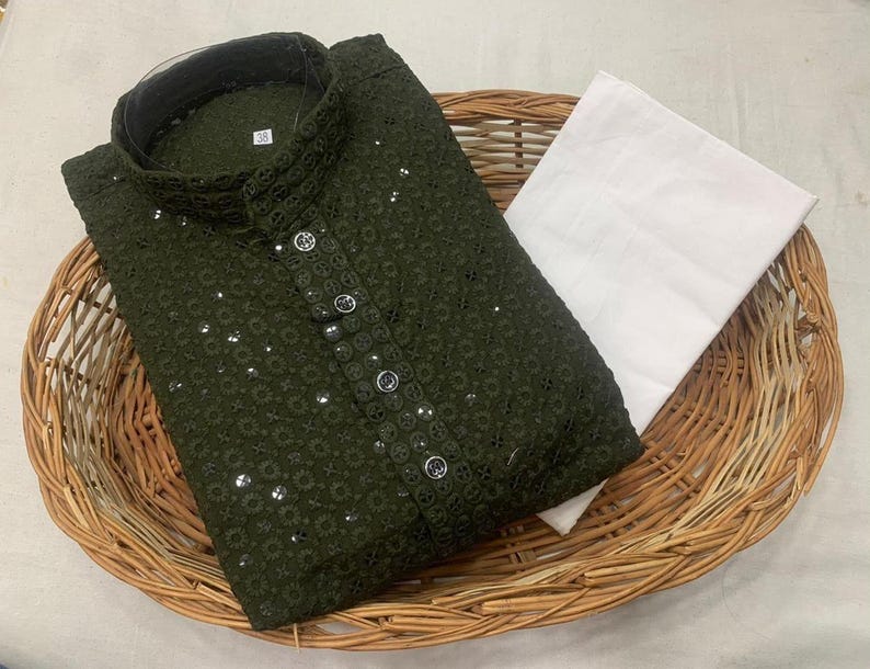 Indian Ethnic Men's Chikankari Work Kurta Pyjama Set