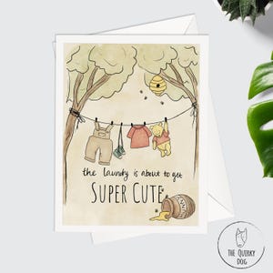 La lessive est sur le point de devenir super mignonne avec Winnie l'ourson, nouveau-né, enceinte, illustration, carte de baby shower, félicitations, carte A2