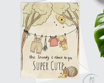 Winnie the Pooh Baby Shower Card, Laundry Illustration Card