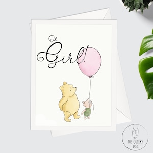 Carte de Winnie l'ourson, nouvelle carte de voeux de bébé fille, enceinte, félicitations, illustration, carte de baby shower, Oh Girl, carte A2