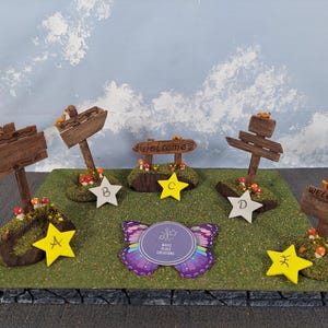 Pode incluir: Pequenos sinais de madeira com a palavra "Welcome" e setas direcionais, colocados sobre uma base gramada com cogumelos e marcadores em forma de estrela. Há também um logotipo em forma de borboleta.