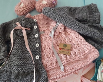 size 2T with pocket and Princess applique Hand knitted pink and white Garter stitch cardigan and hat set