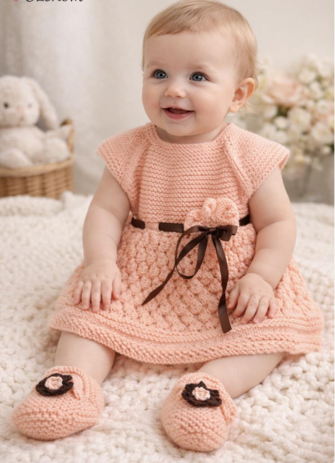 Handmade Somon Baby Knit Dress With Satin Ribbon - Heirloom Flower