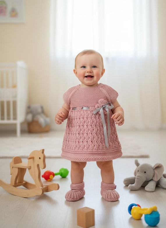 Handmade Pink Baby Knit Dress with Satin Ribbon - Heirloom Flower Girl Outfit - Newborn Coming Home Gift Handmade Pink Baby Knit Dress with Satin Ribbon - Heirloom Flower Girl Outfit - Newborn Coming Home Gift