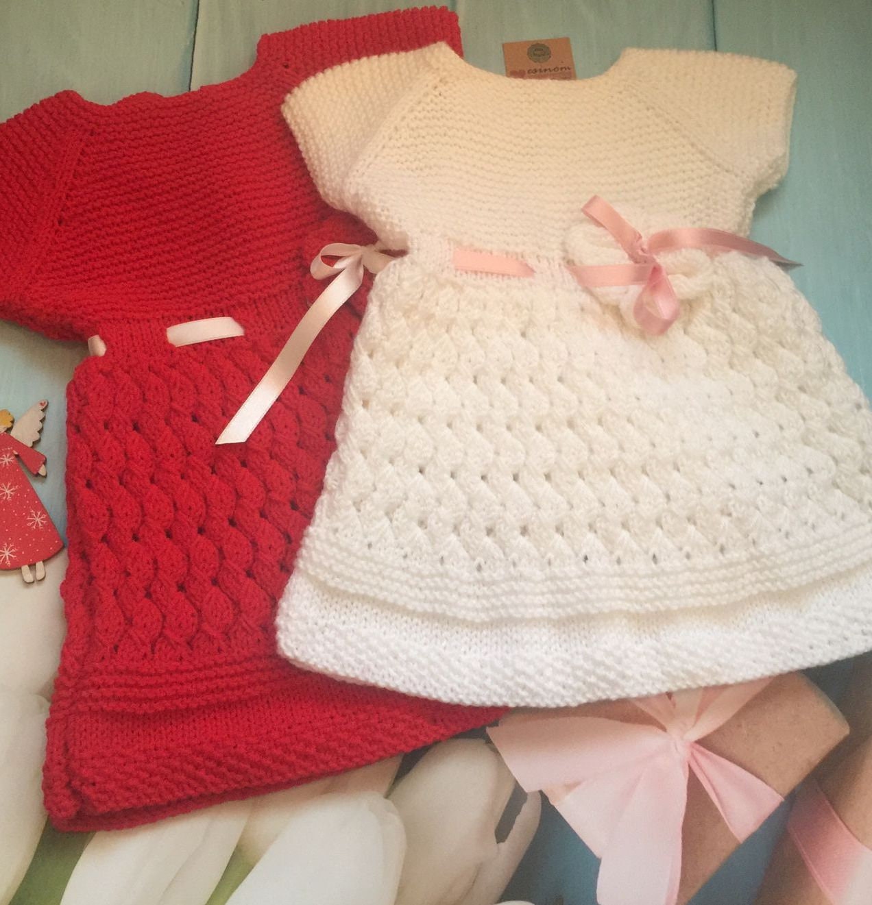 Handmade Somon Baby Knit Dress With Satin Ribbon - Heirloom Flower
