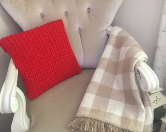 Hand Knitted Red Cushion – Decorative Wooden Buttons