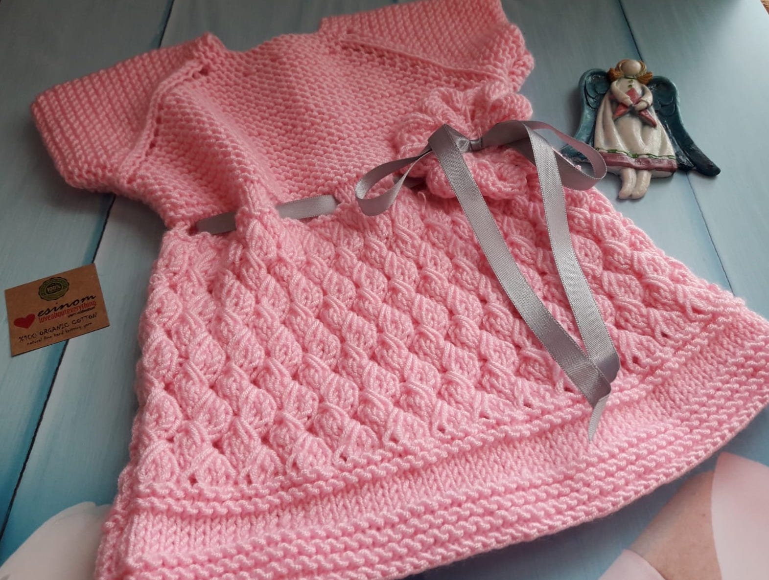 Handmade Somon Baby Knit Dress With Satin Ribbon - Heirloom Flower