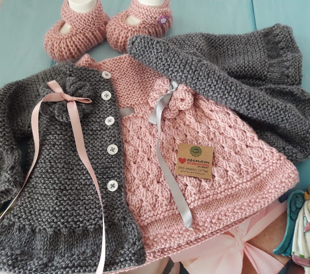 Baby Jacket and Dress and Boties Set. Hand Knit Baby Set, Baby Gift