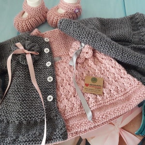 baby jacket and dress and boties set. Hand knit baby set, baby gift, knit for newborn, knitted baby outfit, baby crochet, baby girl set.