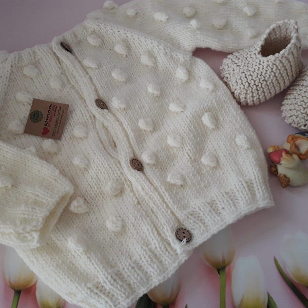 Handgestrickte Baby Popcorn Strickjacke, Handgestrickte Babyjacke, Baby Geschenk, Handgemachter BabyPullover, Unisex Babyjacke, Baby Mädchen und Jungen Jacke