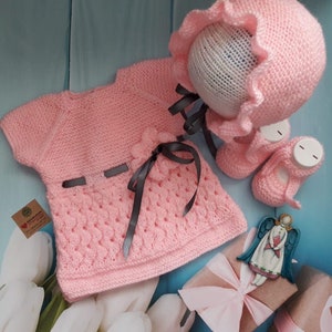 baby dress hat booties triple set,hand knitted baby set,baby gift,knitting for newborn,knitted baby outfit,baby girl dress,versatile 6 sizes