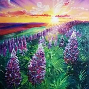 Sunset over the field of lupine flowers, Handmade oil painting,