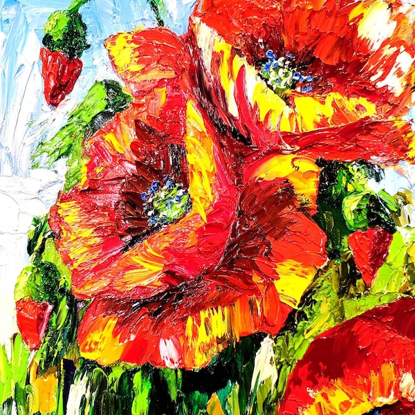 Coquelicots fleurs sauvages, fleurs rouges sur fond de ciel bleu avec des feuilles vert vif, peinture à l'huile, cadeau à tout le monde