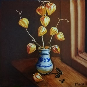 Original painting, handmade, oil painting on canvas Physalis flowers on the window sill, gift idea, interior decoration, art with