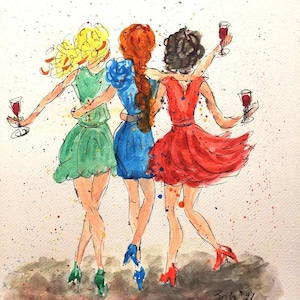 Girlfriends celebrate their meeting, the picture is painted with watercolor paints, three girlfriends girls, wall decor, holiday,