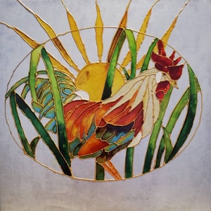 PaintingArt, Interior decoration. Paint on glass tile, modern art, &quot;Rooster&quot;