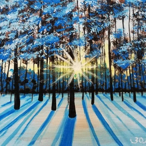 May include: A painting depicting a winter woodland scene with blue trees and a bright white sun shining through the branches. The ground is covered in snow with long blue shadows.