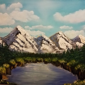 Handmade oil painting Lake in the mountains, original, unique, material, gift idea, interior design, contemporary art