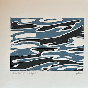 Harhour Ripples - Looe, Cornwall Original, adición limitada, impresión hecha a mano en linograbado.