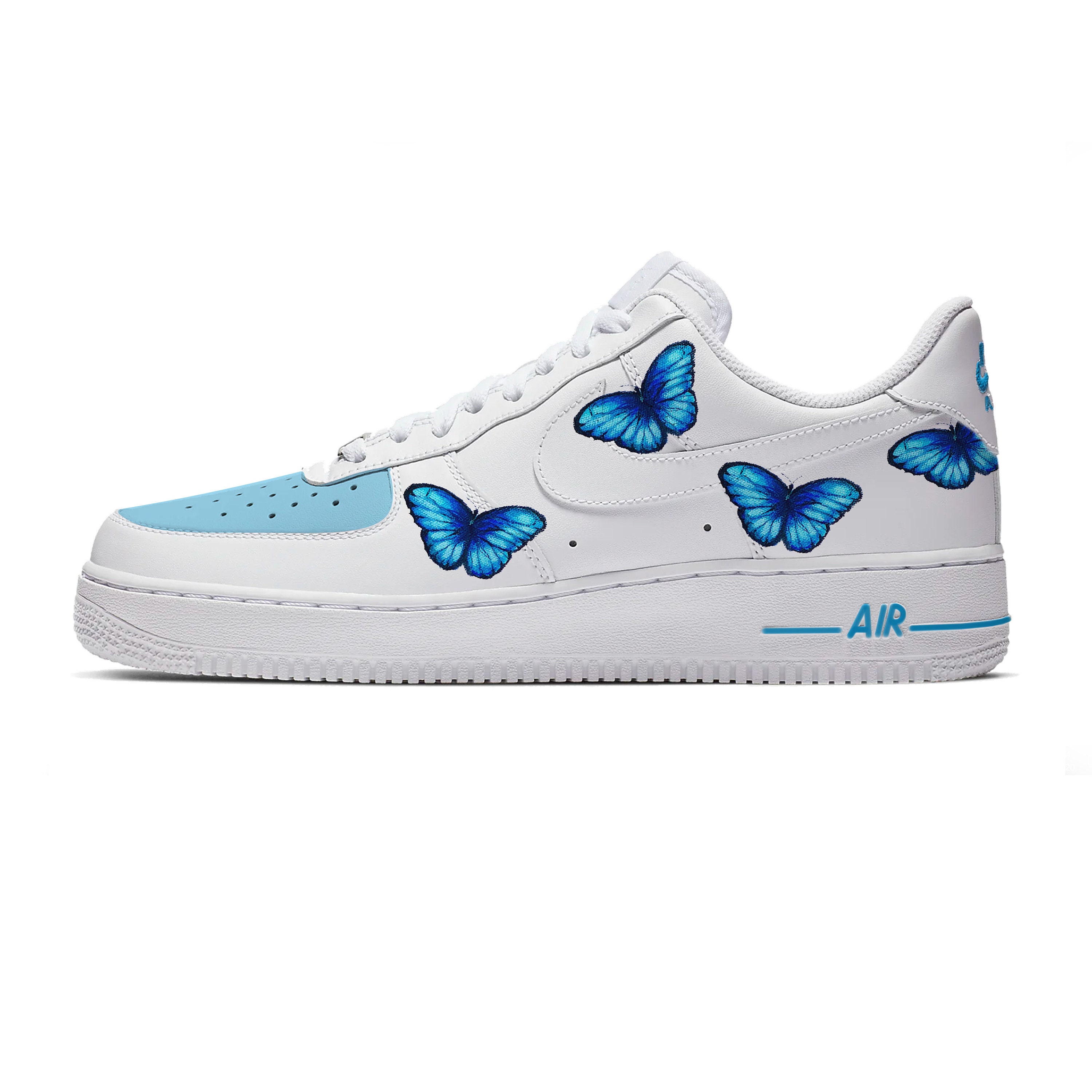 white air forces with blue butterflies