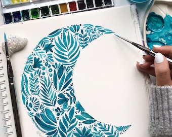 Floral Moon Watercolor Art Print – Celestial Wall Decor