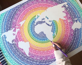 Wydruk rysunku mandali mapy świata - dekoracja ścienna - mapa świata - grafika mandali -