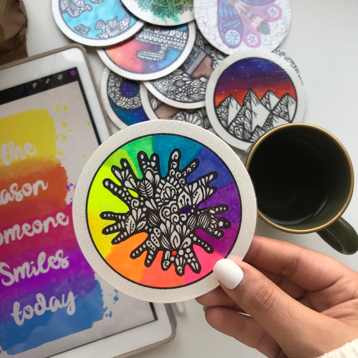 Neon Color Splash Coaster Zentangle Coaster handmade Etsy