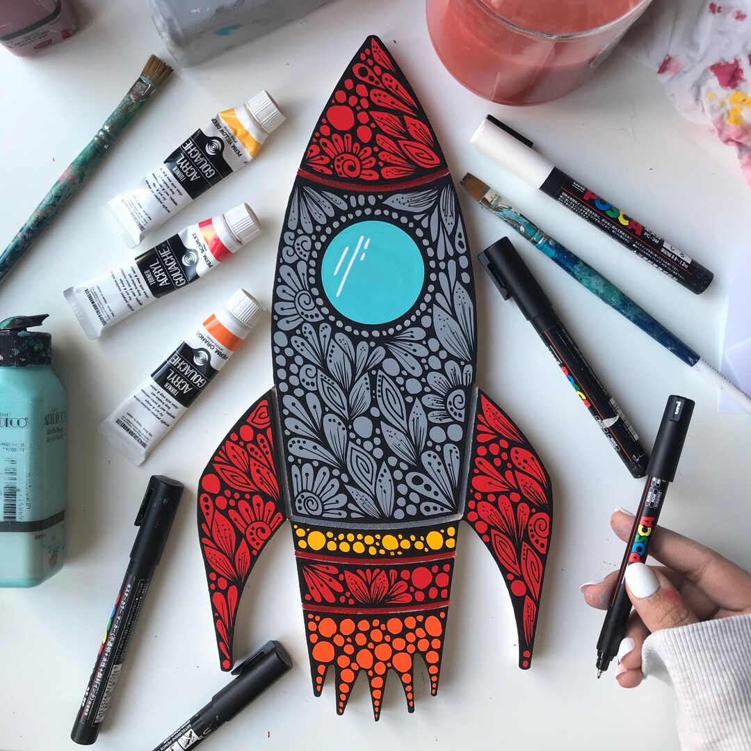 Zentangle Wooden Rocket Wall Decor Etsy