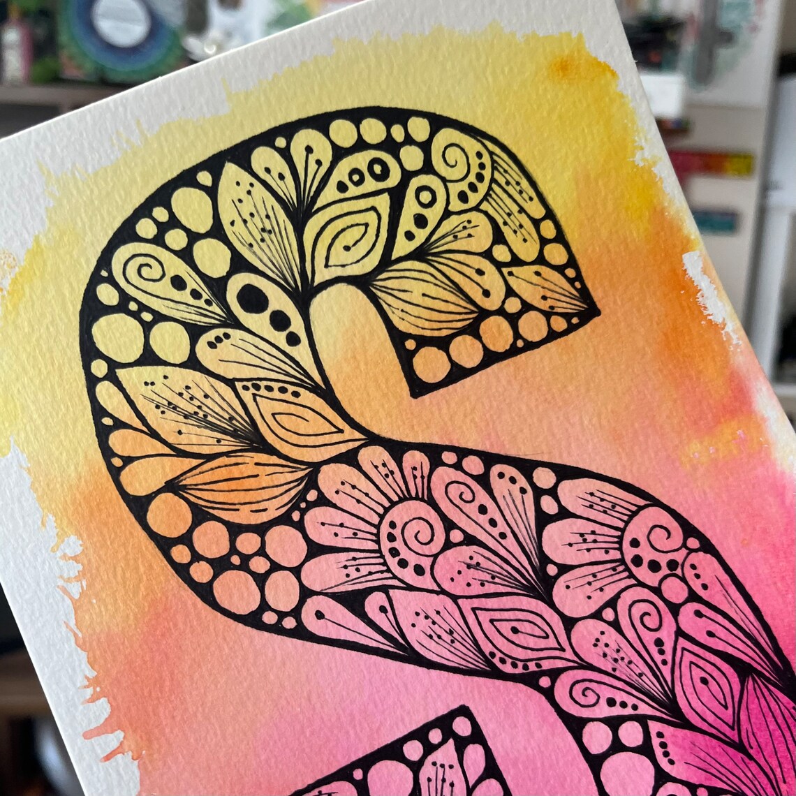 Zentangle S Letter With Watercolor Background - Wall Decor - Original ...