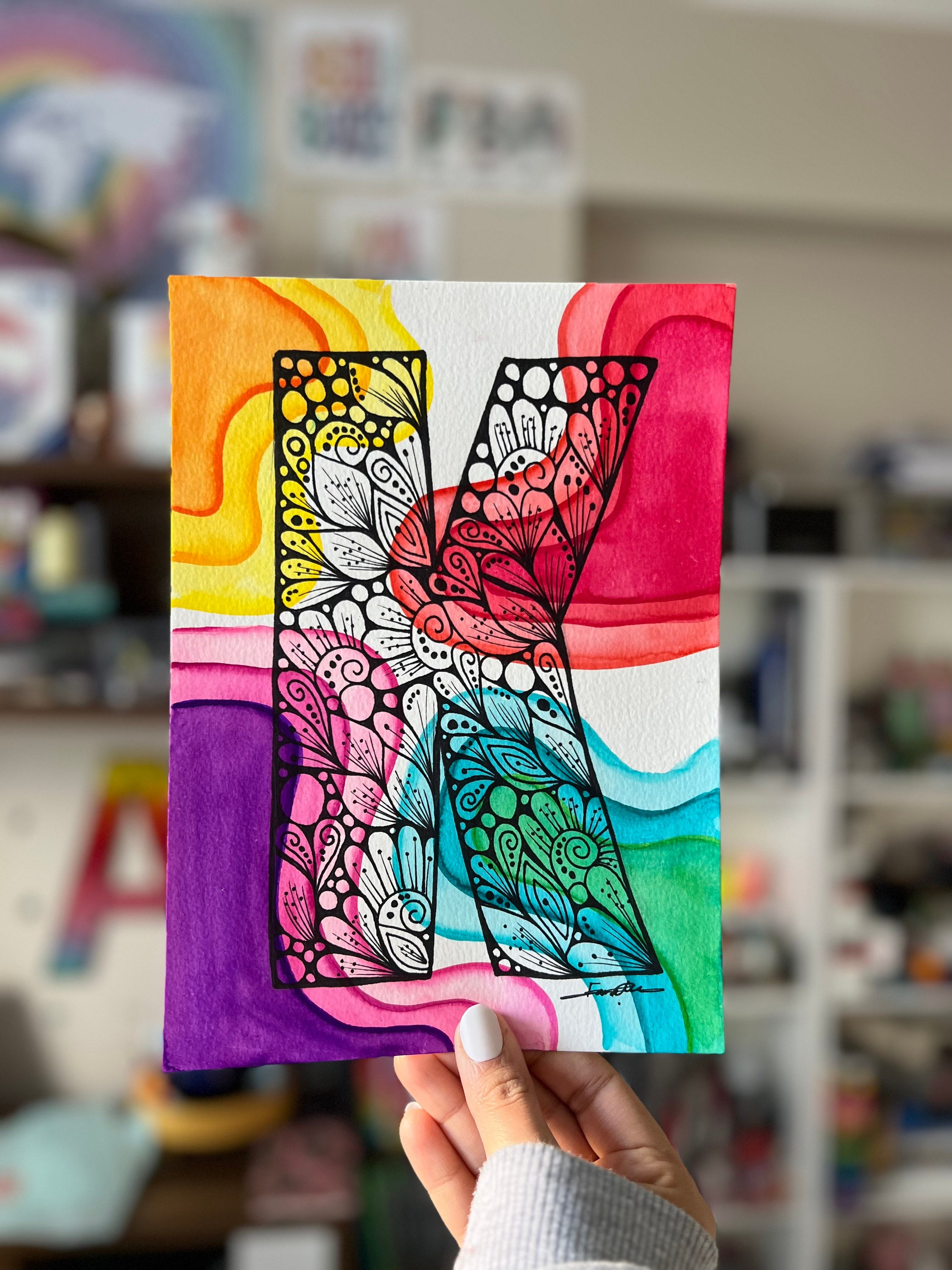 &TEAM K ケイ 手書き デコ NOW Zentangle K Letter - Hand Drawing _ Original Artwork - Wall Decor