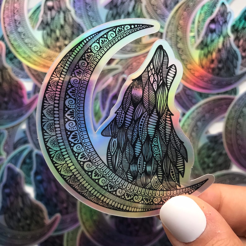 Holographic Moon Wolf Sticker Wolf Sticker Moon Sticker Etsy
