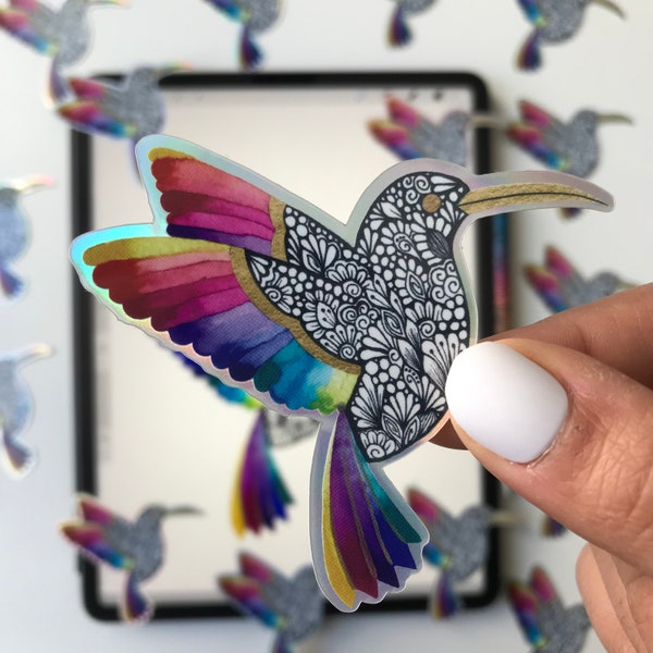 Hummingbird watercolor zentangle sticker - waterproof sticker - hummingbird sticker