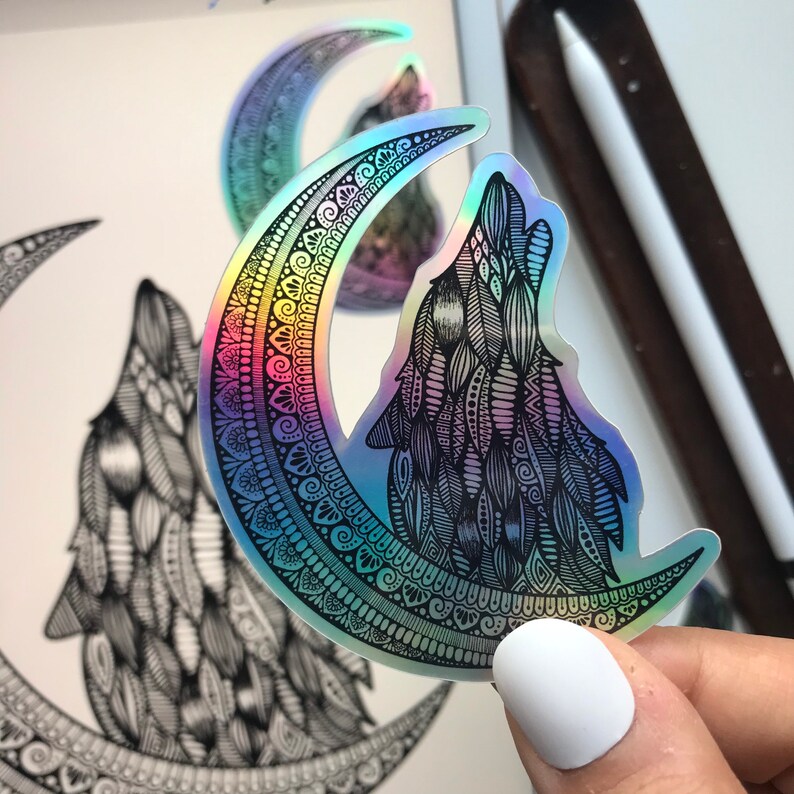 Holographic Moon Wolf Sticker Wolf Sticker Moon Sticker Etsy