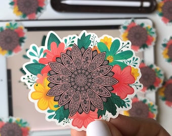 Floral mandala sunflower waterproof stickers - floral matte waterproof stickers