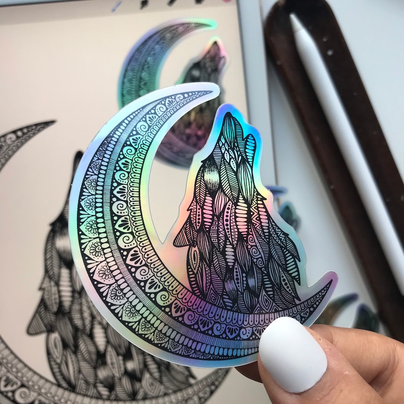 Holographic Moon Wolf Sticker Wolf Sticker Moon Sticker Etsy