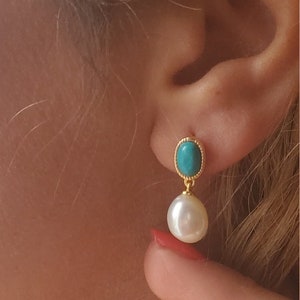 14K Gold Plated pearl and Turquoise earrings, anniversary gift, gemstone, turquoise earrings, stud earrings, 0.75ct Turquoise