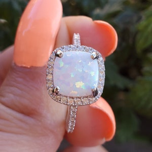 Square Halo Opal Ring, white opal, halo ring, Anniversary Gift for Her, Present Future Ring, October birthstone , opal ring , 11.2mmx12.4mm